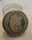 Vintage Art Deco Vanity Trinket Powder Jar Glass Birdbath Blue Birds Metal Top