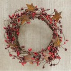 New Primitive Berry Wreath Candle Ring Rusty Stars 4  Red Burgundy Pips