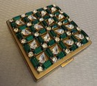 50s Vintage Rhinestone Encrusted Mirror Compact Green Baguette Crystal Teardrops