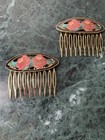 New Cloisonn   Enamel Hair Combs Pair Floral Butterfly Gold Tone 