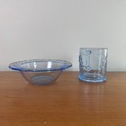 Vintage Blue Glass Nursery Rhyme Mug And Bowl Set Mother Goose Little Bo Peep