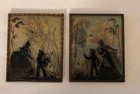 2 Reverse Painted Convex Glass Silhouette Victorian Lady   Son Raking Leaves 4x5