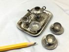 Vtg German Doll House Soft Metal Tea Set Pot  Sugar  Two Cups W saucers 1 12