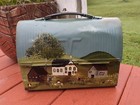Vintage Metal Lunch Box Hand Painted Decorative Folk Art Country Landscape 