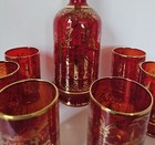 Vtg Decanter 6 Glasses Bohemian Ruby Cranberry Red Gold Overlay W  Stopper Glass