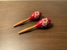 Vintage Mexican Hand Painted Wooden Maracas Red Floral Folk Art Shakers Pair 