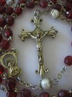 Vintage Catholic Rosary Faux Pearl Red Glass Beads Gold Tone Crucifix
