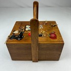Vintage Wooden Sewing Quilting Box Caddy With Lid Painted Handle Mcm 10 x8 x6 