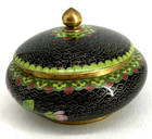 Cloisonne Enamel Trinket Dish Lidded Bowl Black Floral 4 
