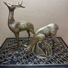 Vintage Brass Deer Figurines Pair     Grazing   Standing  Buck And Doe 6 5    Tall