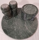 Set Of Green Polished Marble Vintage Coasters   Salt Shakers  Charger Plate 