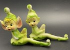 Rare Vtg Ceramic Pixie Elves Figurines Knees Up 1950s Mid-century Green Read