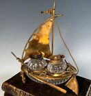 Antique C 1850s French Baccarat Double Inkwell  Sailboat With Anchor  Sailor Hat