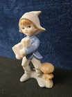 Vintage Rare Gnome Pixie With Gifts By A Mushroom Porcelain Rare Blue White Tan