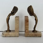 Art Deco Bookends - Dancing Woman W  Feathers - Bronze Figurines On Marble Base 
