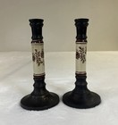 Vintage Set Of 2 Solid Brass Brown   Ivory Porcelain Candlestick Holders 7 3 8 