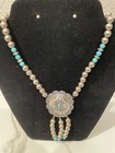 Vintage Navajo Sterling Silver Turquoise Concho Pendant Necklace Beads 18   