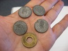 Vtg 5 Coin-op Slot Machine Trade Stimulator Vending Token Lot Awarded For Skill