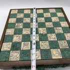Vintage Handmade Mayan aztec Chess Set Complete Beige Green Stone Wood Flaws  