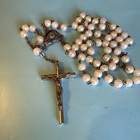 Vintage Small Italian Pearl Beads  Silver Tone Cross Rosary Italy