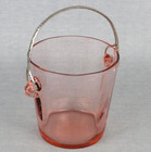 Vintage Pink Depression Glass Ice Bucket With Side Loops Hammered Metal Handle