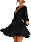 Womens Mini Dress  Deep V-neck Long Sleeve Waist Tie Ruffle Mini Black Dress
