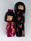 Set Of 2japanese Kokeshi Wooden Doll Red Apple 7 5  Red Kimono Floral Design  6 