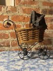 Rare Antique Vintage Wicker Doll Stroller Carriage With Black Canopy 