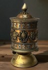 Antique Copper brass silver Tibetan buddhist Prayer Wheel-tabletop W scroll