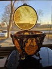 French Ormolu Gold Filigree Angels Beveled Amber Large Glass Jewelry Casket Box
