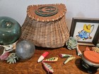 Antique Wicker Fishing Creel Basket Hand Woven Carved Fish Wood Lid Cabin Decor