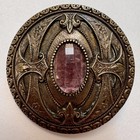 Antique Gay 90   s Victorian 2    Brass Jewel Button Pink Faceted Foil Glass Cloak