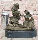 Signed Bronze Sculpture Statue Of Two Nude Nymph Women Lounging On Rocks Decor