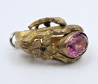 Antique Victorian Gold Filled Fob Pendant Art Nouveau Charm Leaf Pink Flower