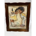 Vtg K Smith Framed Print African American Children Kissing Scalloped Wood Frame