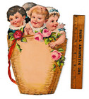Antique Victorian Large Embossed Die-cut Scrap Babies In A Basket With Roses
