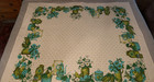 Vintage Mid-century Tablecloth 50x65 Green turquoise Kitchen Scenes Farmhouse
