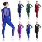 Women Bodysuit Mesh Leotard Long Sleeve Jumpsuit Zipper Dancewear Dance Rompers