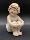 Antique Heubach Bisque Figurine  Squatting Baby With Bath   Shower Cap  6 5    H