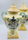 Antique James Kent Fenton Ceramic Hand Painted Floral Lidded Urn Pair Circa 1912