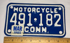 1985 Connecticut Motorcycle License Plate 491-182 Blue White Vintage Conn Tag