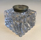 Vintage Antique Crystal Glass Inkwell With Embossed Brass Lid 2 1 4    By 2 1 2   