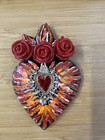 Sacred Heart  Flamed With Silver-red Milagro   Roses Wall Decor  5 In