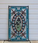 Tiffany Style Stained Glass Window Panel Dragonfly   Iris Flowers 20 5  X 34 25 