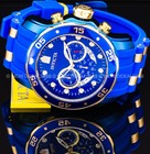 Invicta Pro Diver Chronograph 18k Gold Case Blue Dial Bezel Strap Men Bold Watch