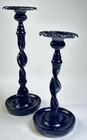 Vintage Heavy Brass Barley Twist Pair Of Candle Holders Black Heavy Bobeche