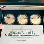 1994-p Us Veterans Proof Silver Dollar 3 Piece Set With Box And Coa