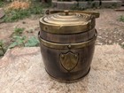 Antique Victorian Oak Biscuit Barrel Brass   Ceramic York England Provenance