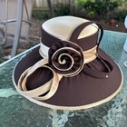 Angelina Joy Collection Brown Gold Wide Brim Church Hat Rosette Rhinestone Derby