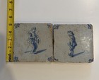 Pair 17th Century Dutch Delft Tiles Blue White Figures Ox Head Corners Antique